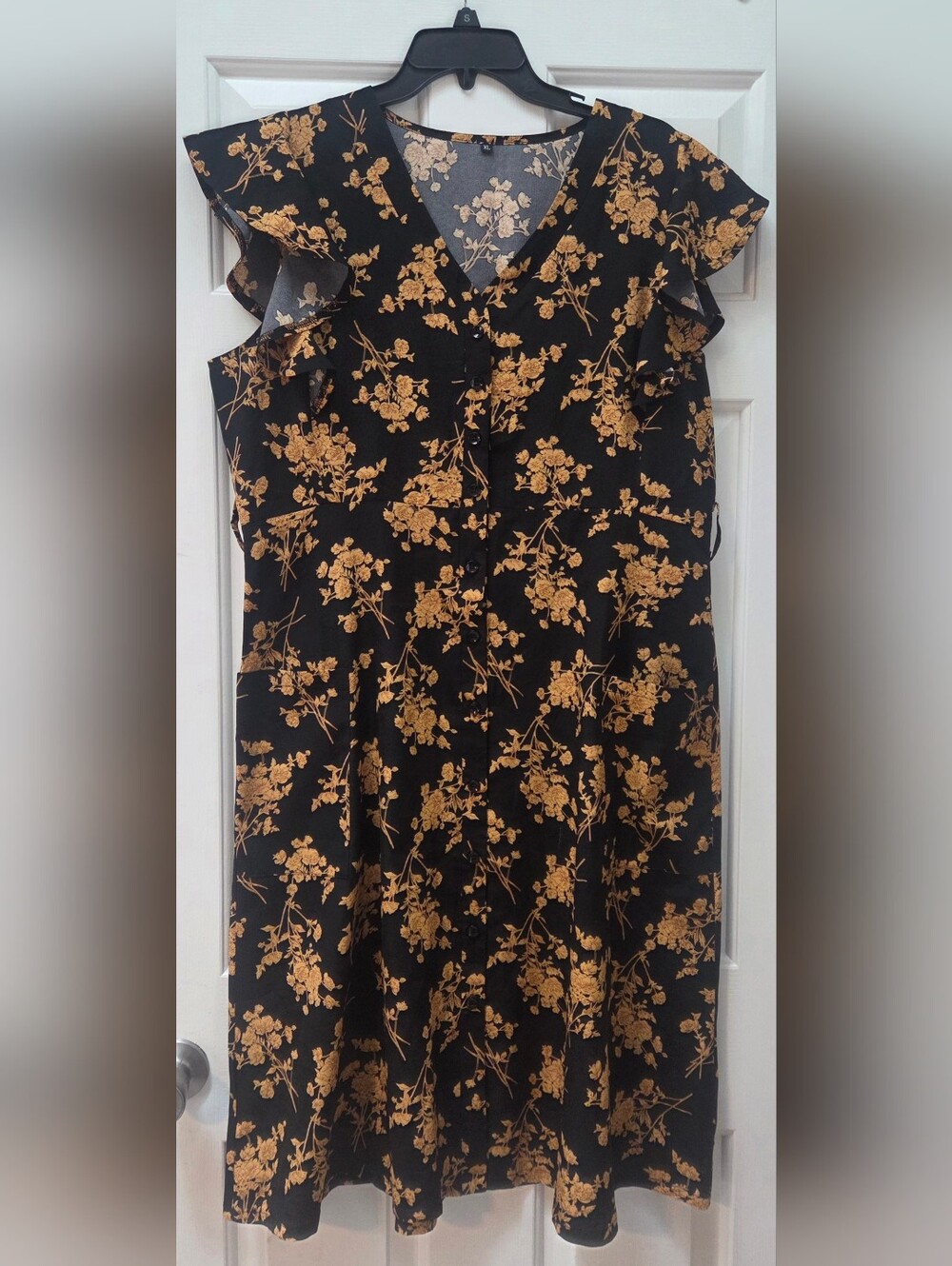 Black Floral V-Neck Ruffle Sleeve Midi Dress